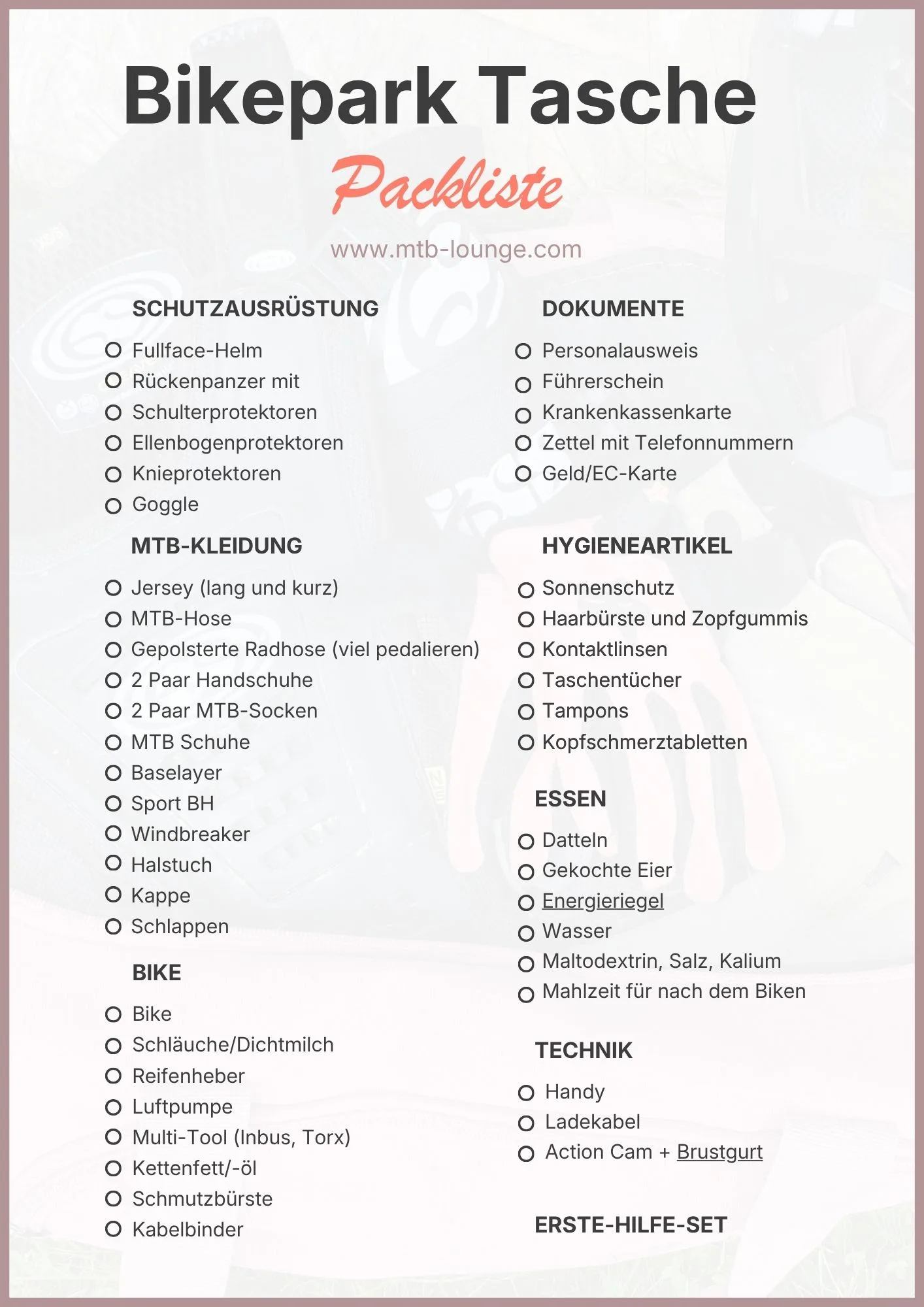 Bikepark Tasche packen Liste