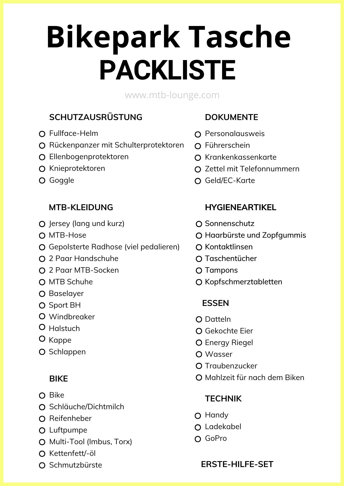 Bikepark Tasche Liste