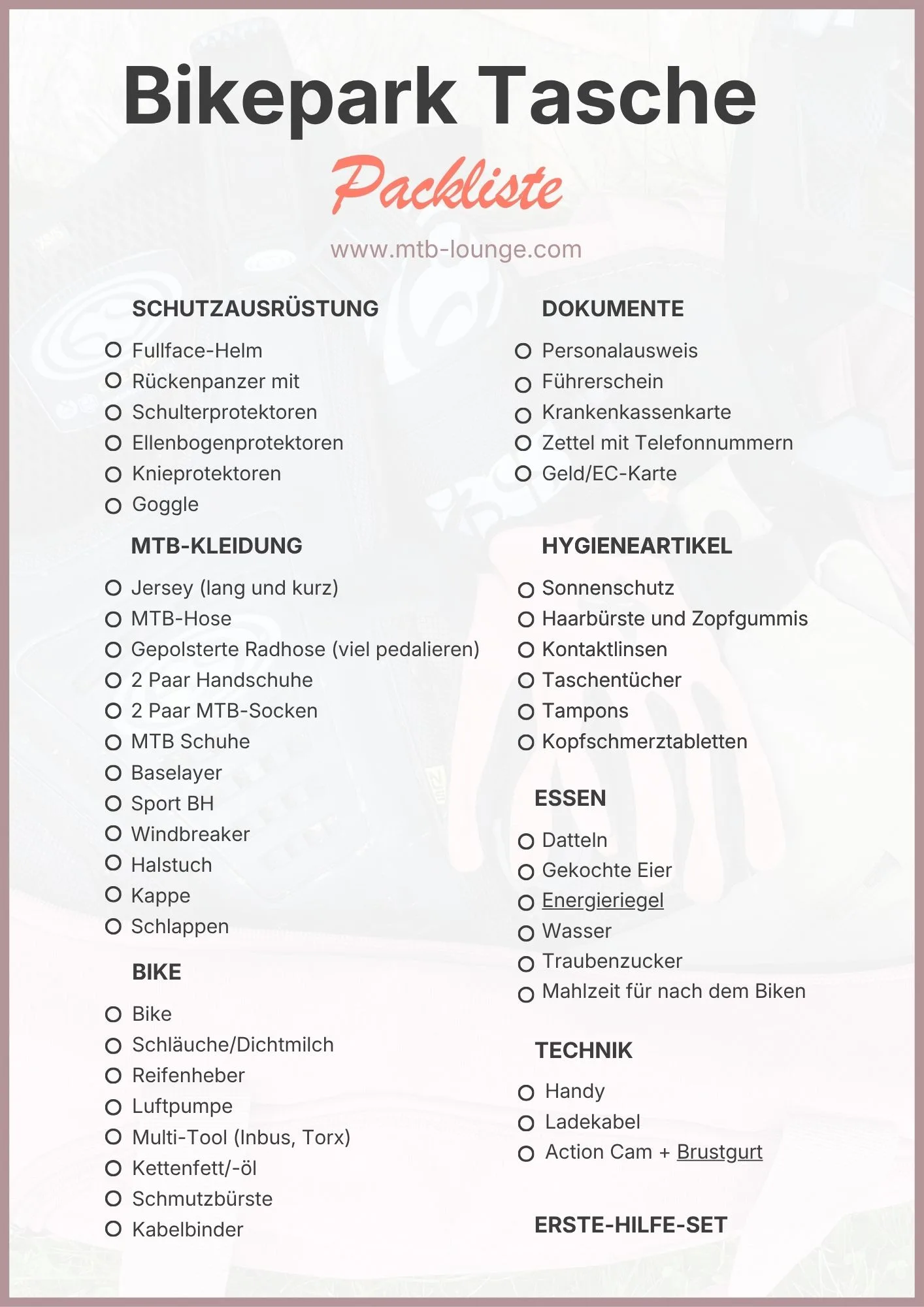 Bikepark Tasche packen Liste