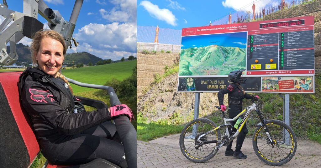 Frau sitzt mit Mountainbike Kleidung im Lift und schaut die Tafel an