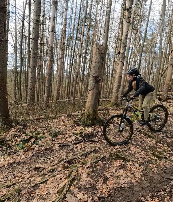 Mountainbike Fahrerin fährt über ein wurzeliges Stück im Wald