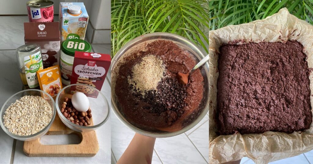 Drei Bilder aus Protein Brownies Zutaten, zusammengerührt in einer Schüssel und in der Brownieform