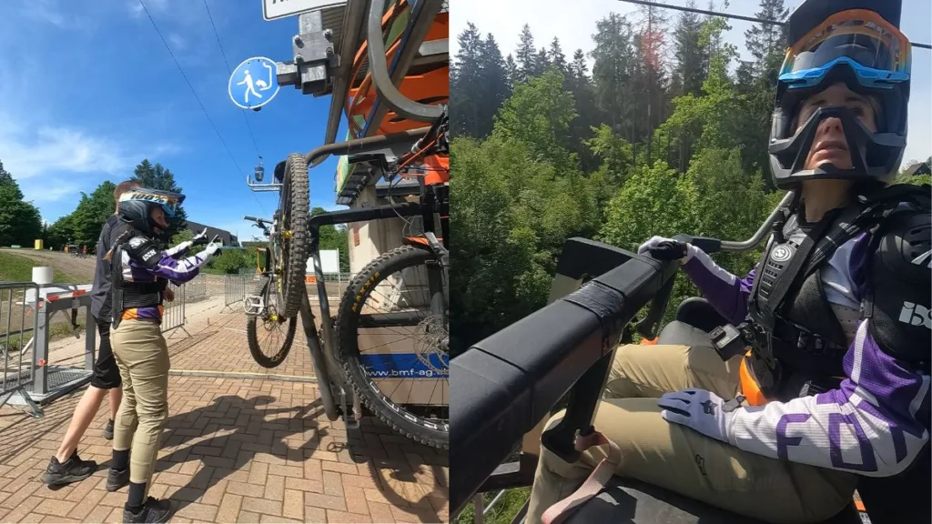 Vanessa sitzt im Bikepark Hahnenklee für Anfänger im Lift